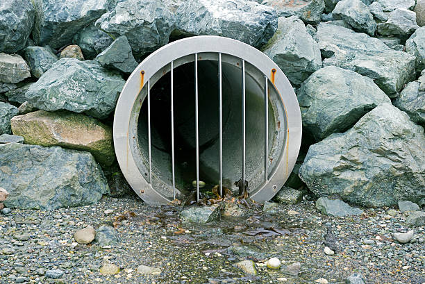 Concrete drainage pipe under rockery into Puget Sound in Washington state