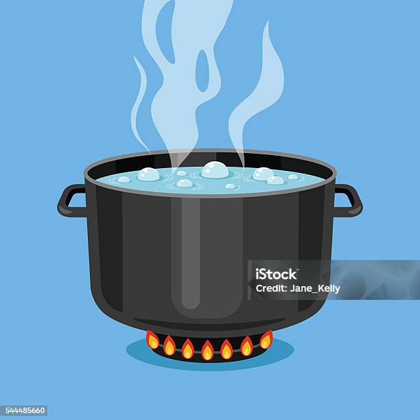 Boiling Water In Pan Cooking Pot On Stove Vector Illustration Stok Vektör Sanatı & Kaynamış‘nin Daha Fazla Görseli