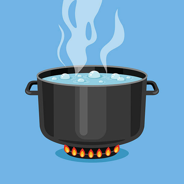 Boiling water in pan. Cooking pot on stove. Vector illustration Boiling water in pan. Black cooking pot on stove with water and steam. Flat design graphics elements. Vector illustration steamed stock illustrations