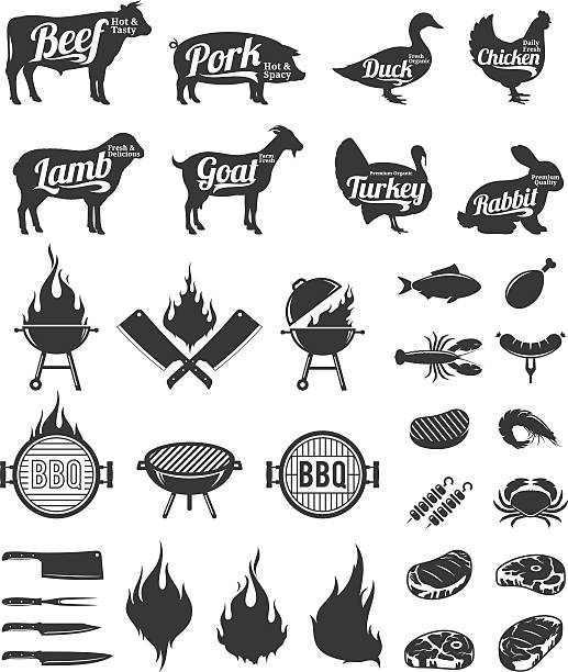 Barbecue, grill and steak house labels and design elements vector art illustration