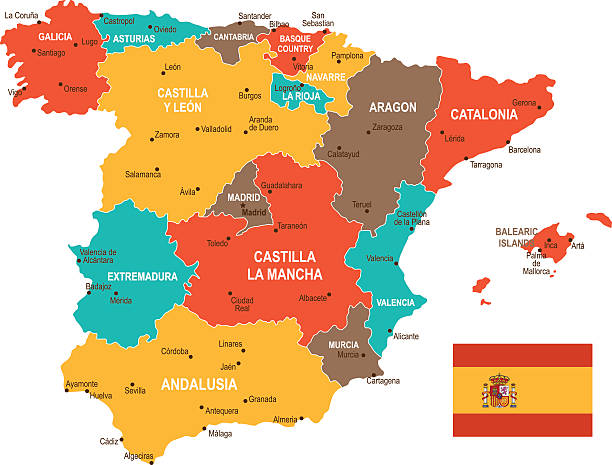 цветная карта испании - barcelona sevilla stock illustrations