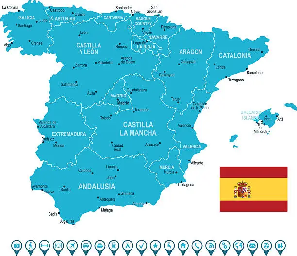 Vector illustration of Spain Map and Navigation Icons