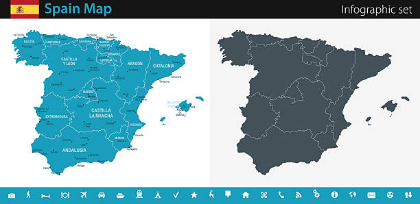 ilustraciones, imágenes clip art, dibujos animados e iconos de stock de mapa de españa-infografía - barcelona sevilla