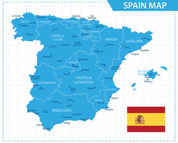 ilustraciones, imágenes clip art, dibujos animados e iconos de stock de ilustración de mapa de españa - barcelona sevilla
