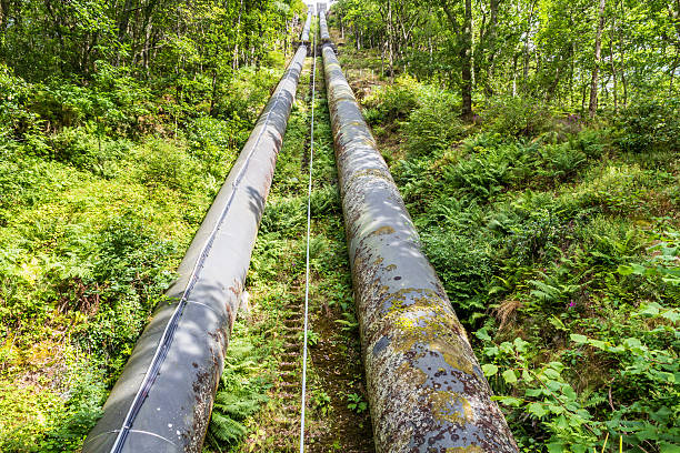 istock Two large black water pipes, converging in distance. 544488972