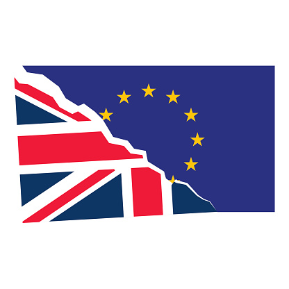 Brexit. Separated Flags of European Union and United Kingdom. Divided banner with the Union Jack and european symbol, sign of imminent exit of England out of EU. Great Britain national referendum