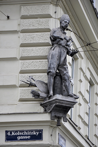 Vienna, Austria - June 13, 2016: Monument to Jerzy Franciszek Kulczycki  (German: Georg Franz Kolschitzky)  in Vienna, sculpted by Emanuel Pendl and erected in 1885 at the street named after him.