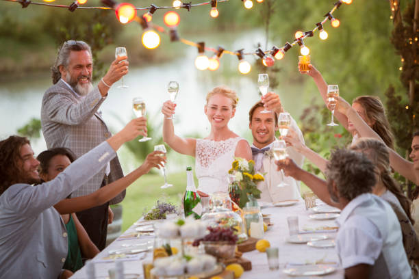 young couple and their guests toasting with champagne during wedding reception in garden - wedding champagne table wedding reception imagens e fotografias de stock