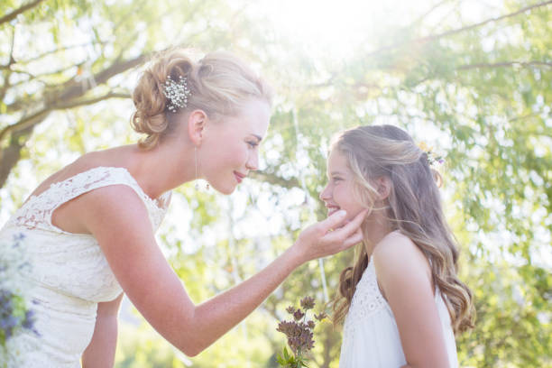 istock Bride and bridesmaid facing each other in domestic garden during wedding reception 544490157