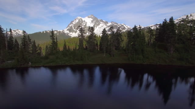 Scenic Aerial Pan Across Forest Lake with Snowy Mountain Peak Background