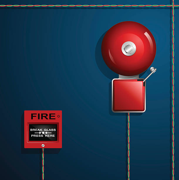 пожарная сигнализация на стене. колокол, пуговицы и провода. - mounted guard stock illustrations