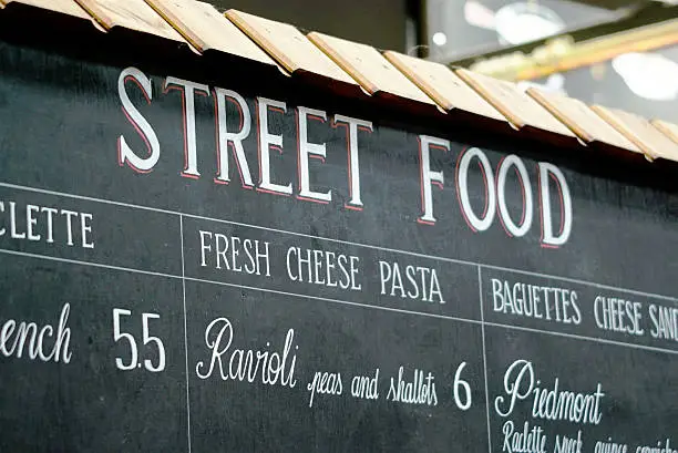 Streetfood Sign on local market in London, from Italian restaurant