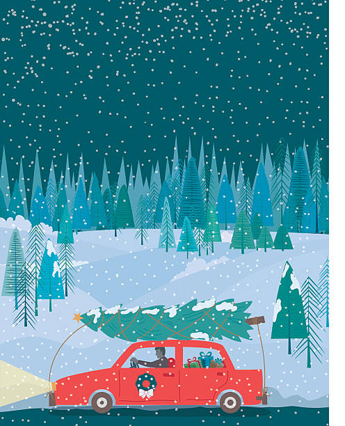 Cute Cartoon Car Driving With a Christmas Tree on The Roof. There is a winter forest and snowy hills in the background.