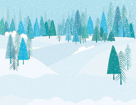 Cute Cartoon Winter Forest In A Snowstorm. There are snowy hills in the background.