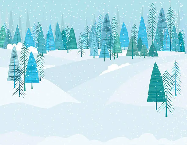 Vector illustration of Cute Cartoon Winter Forest In A Snowstrom