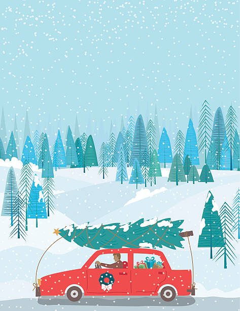 illustrazioni stock, clip art, cartoni animati e icone di tendenza di graziosa fumetto di auto guida con un albero di natale - snow bound