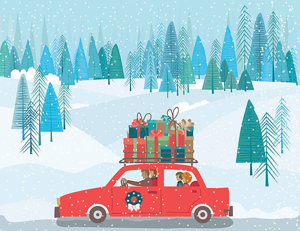ilustrações, clipart, desenhos animados e ícones de carrtoon família drving um carro wih presentes na cobertura - natal familia