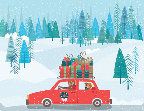 Cute Cartoon family driving a car with Christmas gifts on The Roof. There is a winter forest and snowy hills in the background.