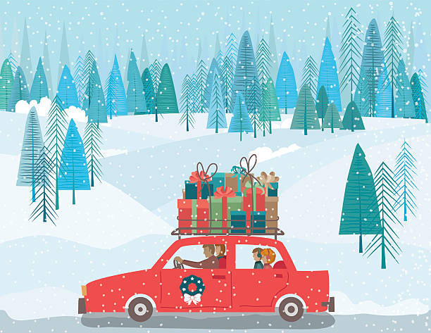 Carrtoon Family Drving A Car Wih Gifts On The Roof Cute Cartoon family driving a car with Christmas gifts on The Roof. There is a winter forest and snowy hills in the background. family christmas stock illustrations