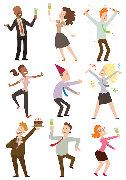 Office party people vector set. Happy business people dancing at office party vector illustration. Celebration fun business happy office party people. Office party people alcohol manager together holiday friends. office parties stock illustrations