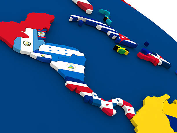 Central America on globe with flags Map of Central America on globe with embedded flags of countries. 3D illustration.. central america stock pictures, royalty-free photos & images