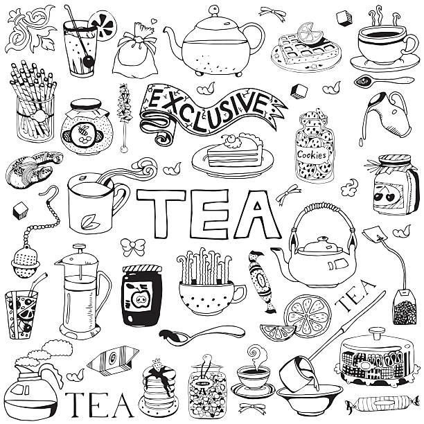 hand gezeichnete tee-sammlung. - tea cup coffee cup teapot domestic kitchen stock-grafiken, -clipart, -cartoons und -symbole