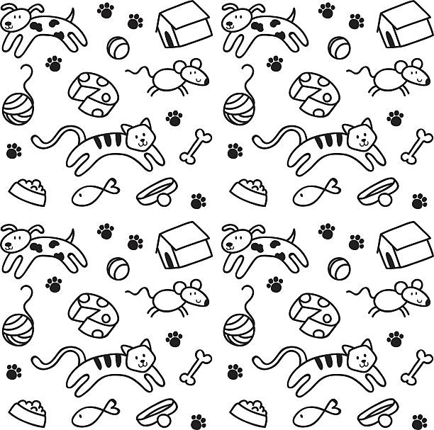 Pets everywhere Black and white doodle pattern of pets. stamen stock illustrations