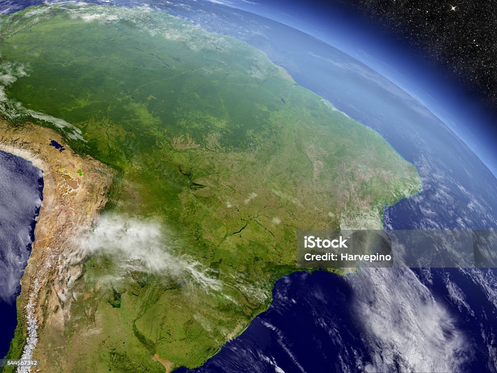 Brazil from space Brazil with surrounding region as seen from Earth's orbit in space. 3D illustration with highly detailed planet surface and clouds in the atmosphere. Elements of this image furnished by NASA.. Brazil Stock Photo