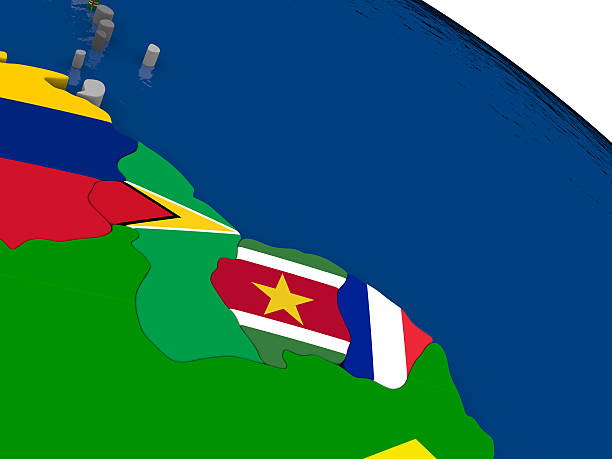 guynea y surinam en mapa 3d con banderas - flag of guyana fotografías e imágenes de stock