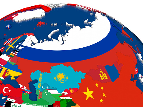 Map of Russia with embedded flags on 3D political map. Accurate official colors of flags. 3D illustration.