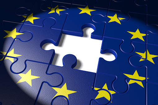 3d illustration Brexit, the missing piece in a EU Puzzle