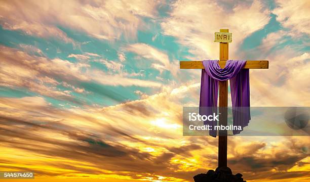 Christian Cross Over Bright Sunset Background Stock Photo - Download Image Now - Jesus Christ, Cross Shape, Crucifix