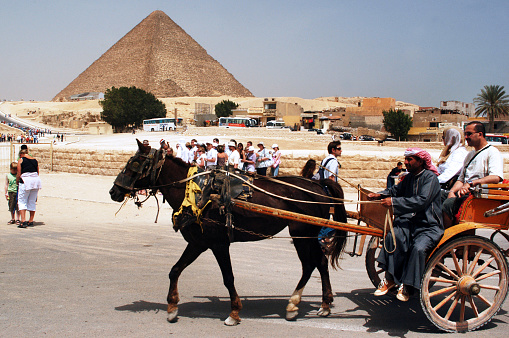 Giza, Egypt - April 27, 2007: Visitors at the Pyramid of Khufu in Giza, Egypt on April 27 2007. It was the tallest man-made structure in the world for over 3, 800 years