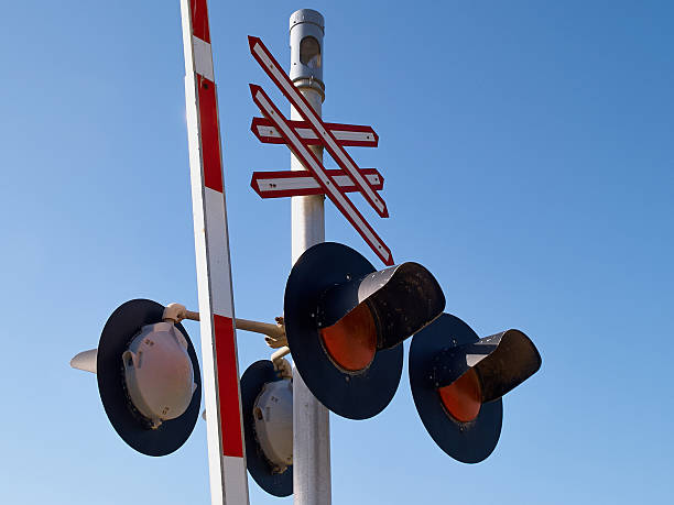istock Railroad train crossing sign signal light 544575630