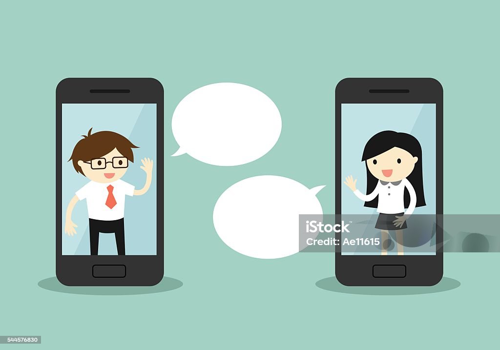 Business concept, Businessman and business woman talking via smartphone. Business concept, Businessman and business woman talking via smartphone. Vector illustration. Adult stock vector