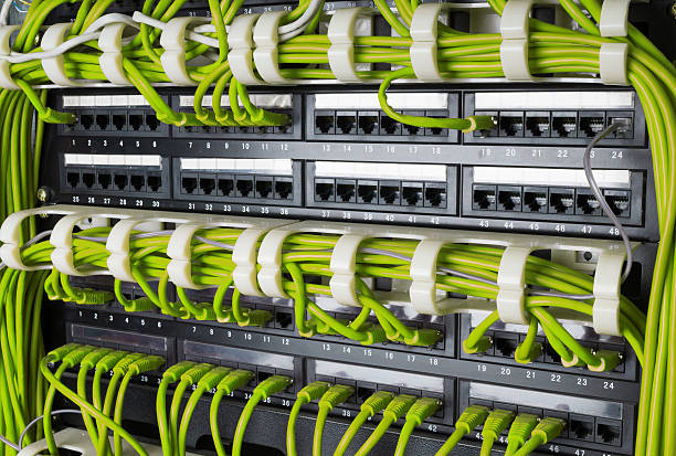라우터 및 스위치 허브에 연결된 네트워크 케이블행 - cable network server network connection plug green 뉴스 사진 이미지