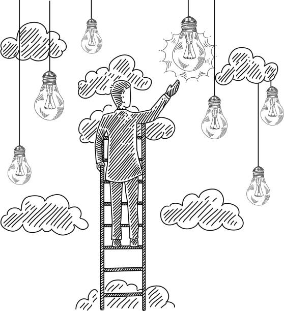 illustrazioni stock, clip art, cartoni animati e icone di tendenza di business man arrampicata scala e toccante lampadina disegno - light bulb inspiration ideas inks on paper