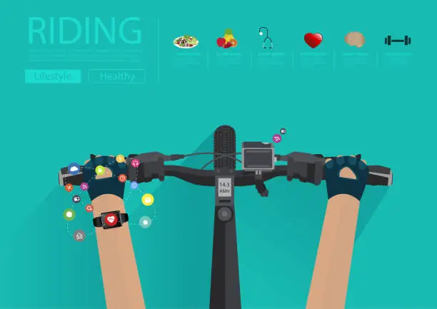 Vector illustration of Hands riding a bike with wearing smartwatch heart rate monitor