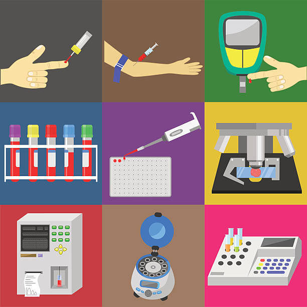 Blood test Blood test with blood sampling and medical equipment. Color vector icons set blood testing stock illustrations