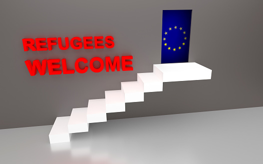 Concept image for Refugees Welcome to EU. 3D rendering.