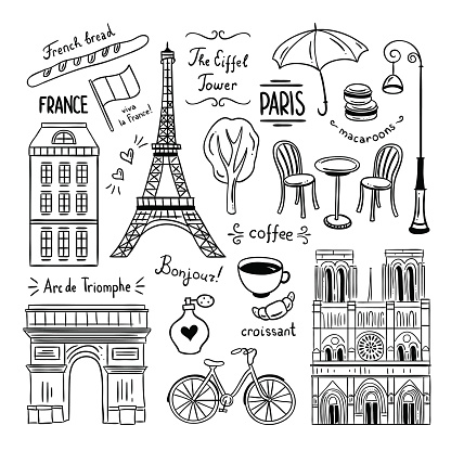 Paris hand drawn clipart. Illustrations of France and Paris