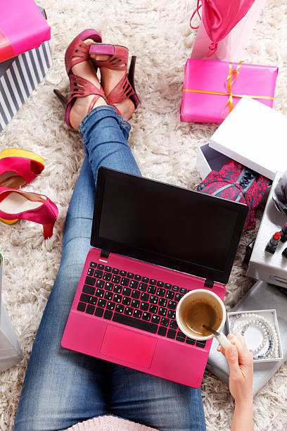 istock Trendy woman with coffee and laptop 544586668