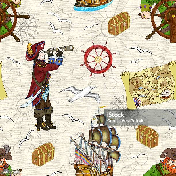 Ilustración de Sin Costuras Fondo Con Dos Pirata Con Reposabrazos Y Mapa Del Tesoro y más Vectores Libres de Derechos de Albatros