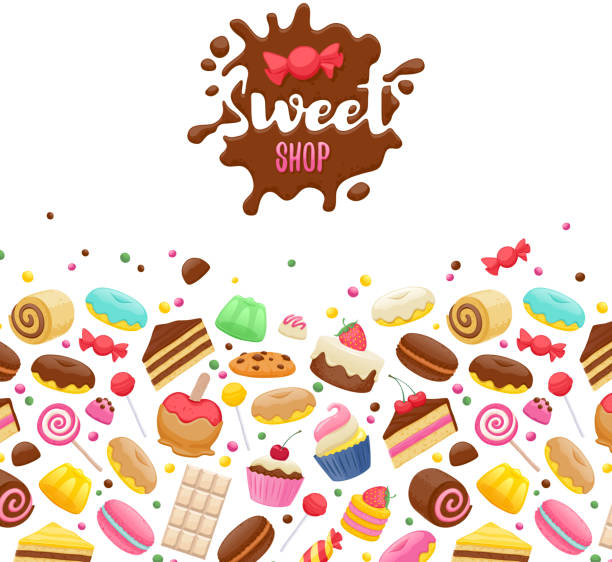 ilustrações, clipart, desenhos animados e ícones de variedade de doces fundo colorido. - cupcake chocolate icing candy