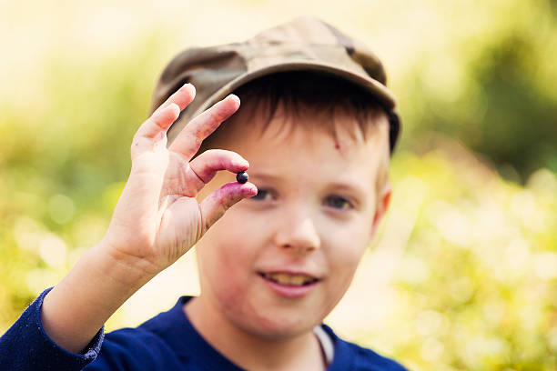 Boy eats berries in the forest