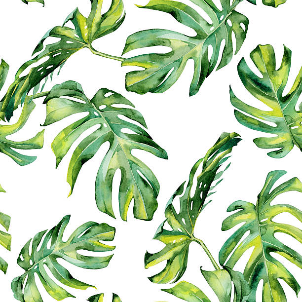 istock Seamless watercolor illustration of tropical leaves, dense jungle. 544589096