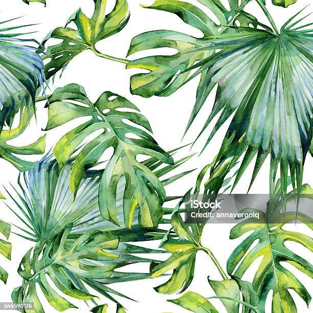 Sans Couture Aquarelle Illustration De Feuilles Tropicales La Jungle Dense Vecteurs libres de droits et plus d'images vectorielles de Aquarelle