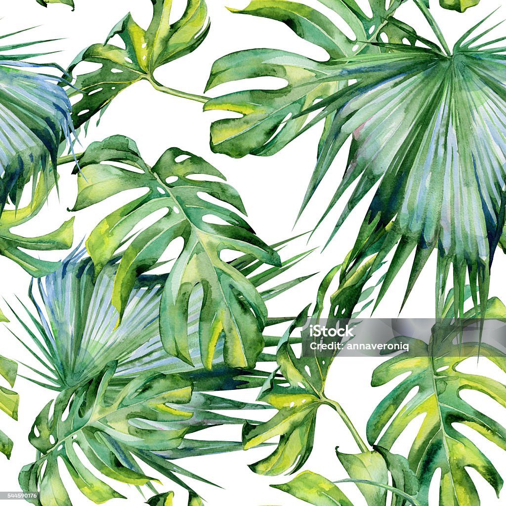 tropical aquarela sem costura ilustração de folhas, densa floresta. - Ilustração de Pintura em Aquarela royalty-free