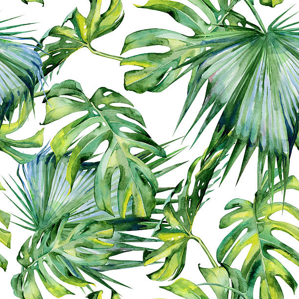 istock Seamless watercolor illustration of tropical leaves, dense jungle. 544590176