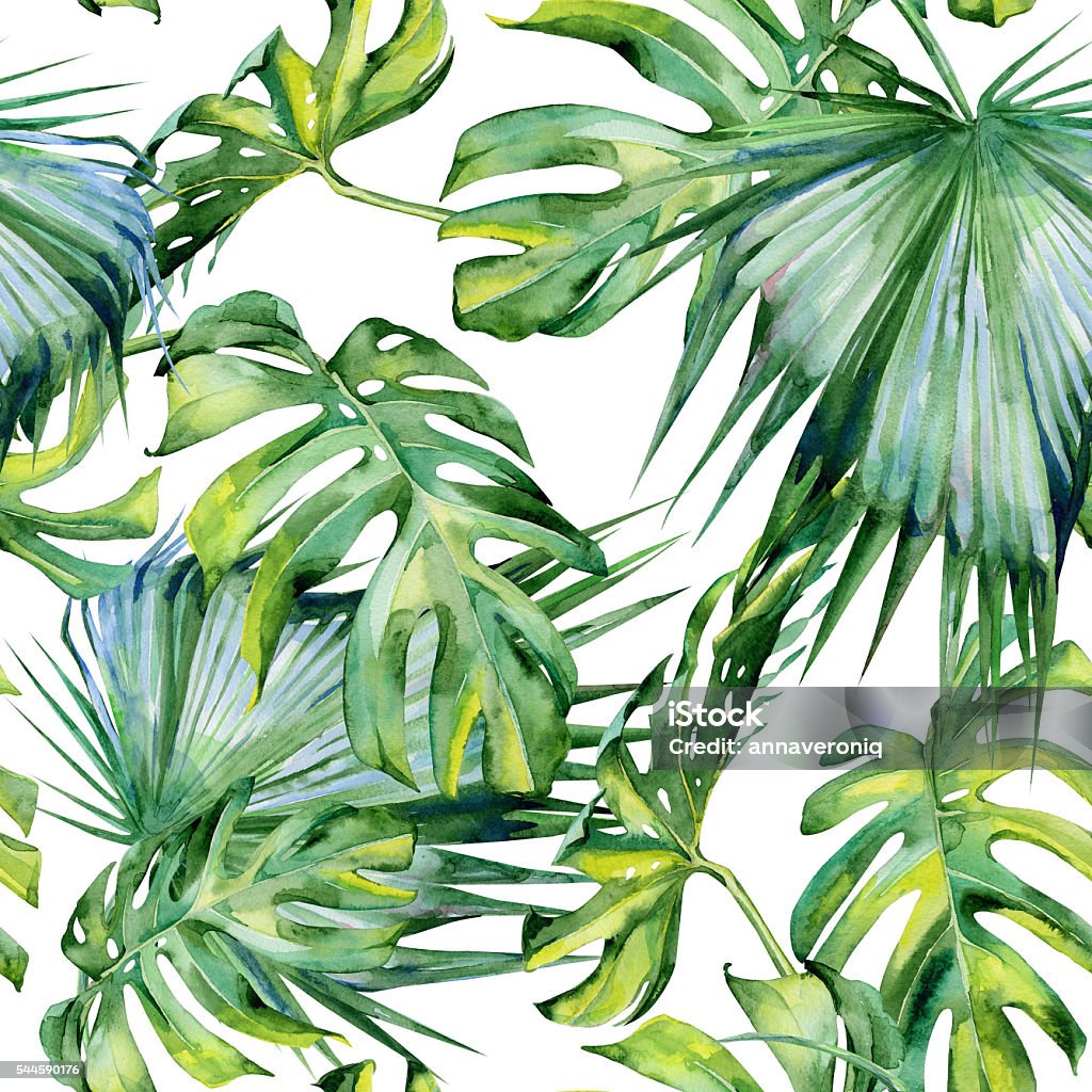 Seamless watercolor illustration of tropical leaves, dense jungle. Seamless watercolor illustration of tropical leaves, dense jungle. Hand painted. Banner with tropic summertime motif may be used as background texture, wrapping paper, textile or wallpaper design. Watercolor Painting stock illustration